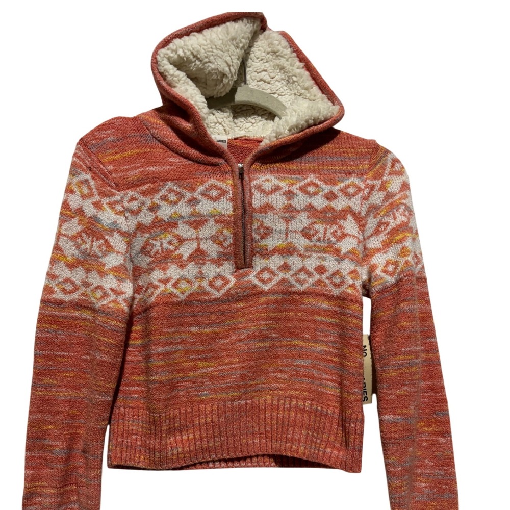 No Boundaries Girl Fair Isle Sherpa Lined Hoodie Coral Multi Color Sz M 8 10 new